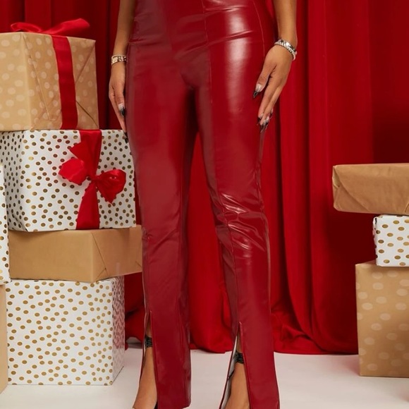 Red Leather Split Hem Pants - Picture 9 of 9